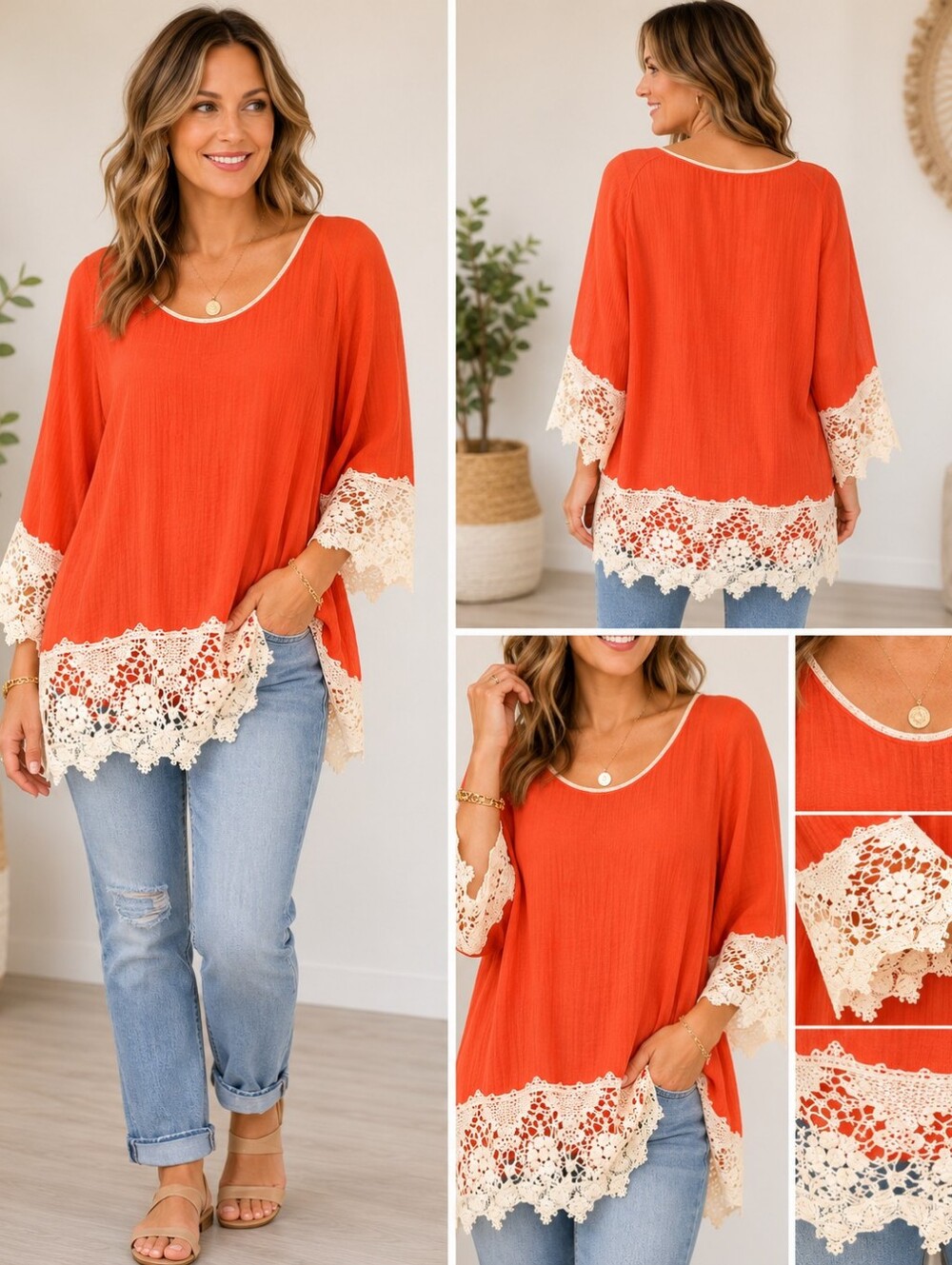 Umgee Coral Orange Sheer Gauze Tunic Top Crochet Lace Trim Boho Medium M A-181